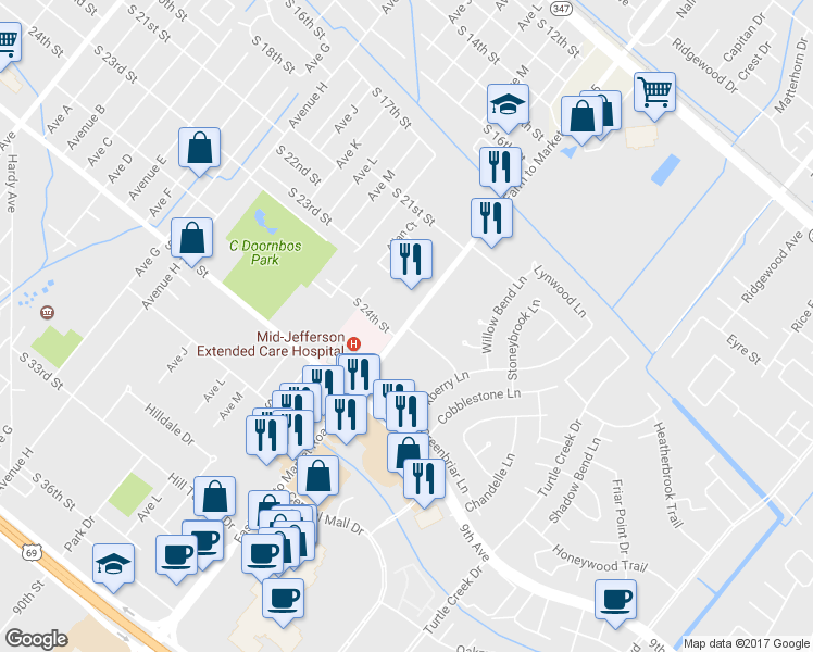 map of restaurants, bars, coffee shops, grocery stores, and more near 8654 Lamplighter Lane in Port Arthur