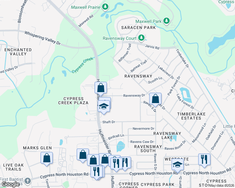 map of restaurants, bars, coffee shops, grocery stores, and more near 13407 Ravensway Drive in Cypress