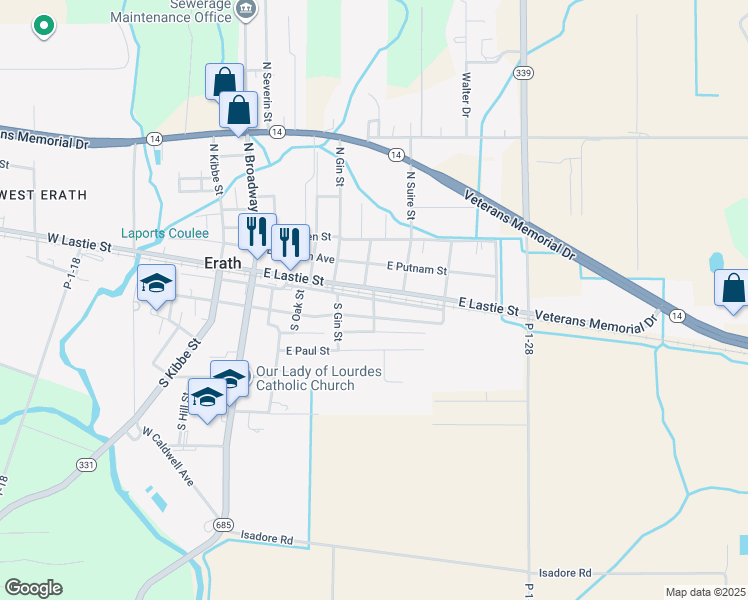 map of restaurants, bars, coffee shops, grocery stores, and more near 600 East Edwards Street in Erath