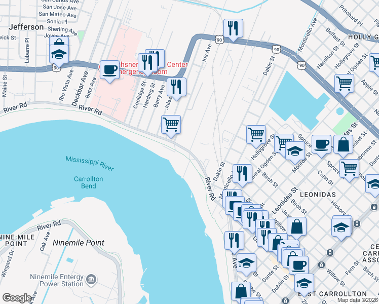 map of restaurants, bars, coffee shops, grocery stores, and more near 100 Industrial Avenue in Jefferson