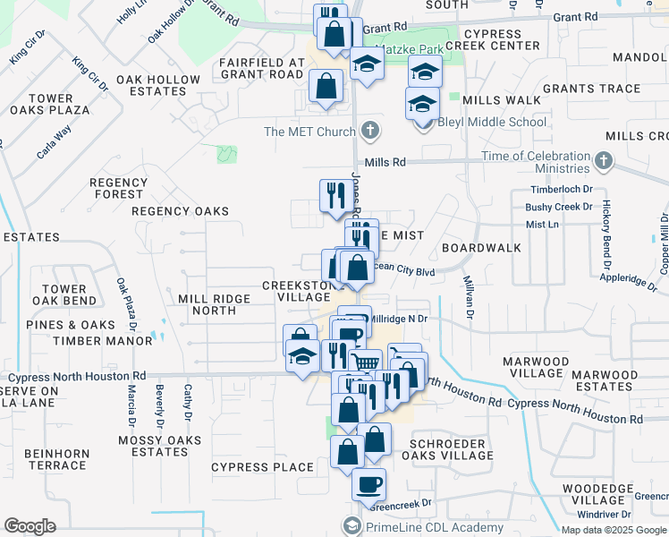 map of restaurants, bars, coffee shops, grocery stores, and more near 12703 Jones Road in Houston