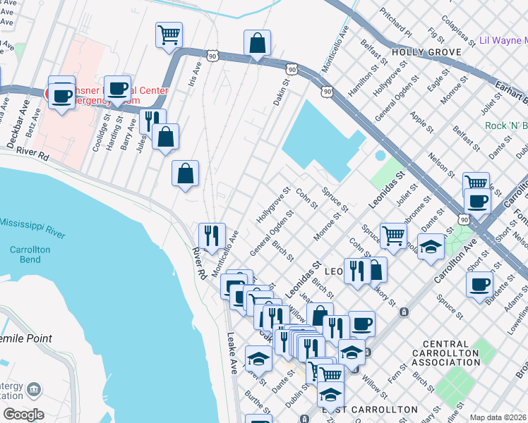 map of restaurants, bars, coffee shops, grocery stores, and more near 1627 Hollygrove Street in New Orleans