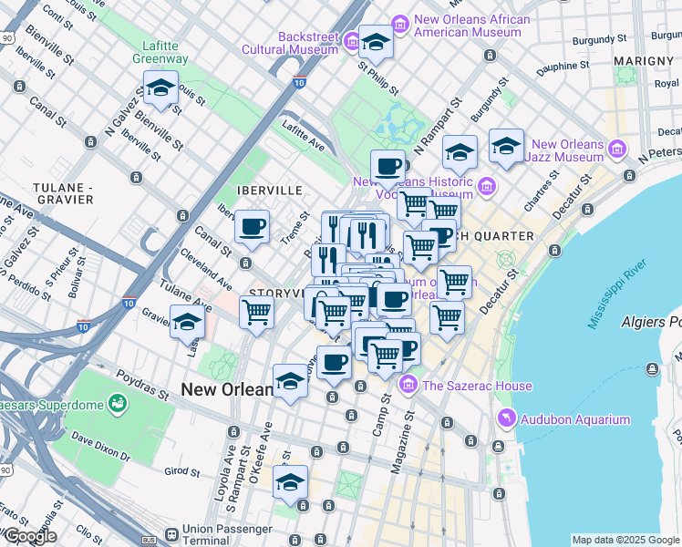 map of restaurants, bars, coffee shops, grocery stores, and more near 231 Burgundy Street in New Orleans