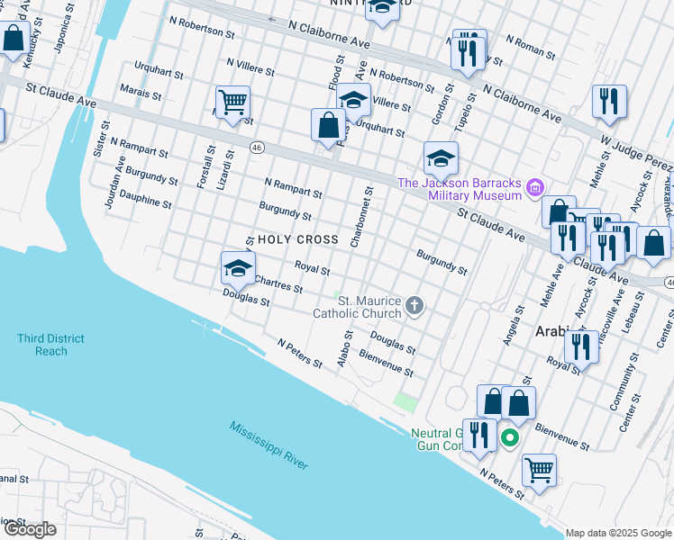map of restaurants, bars, coffee shops, grocery stores, and more near 5800 Royal Street in New Orleans
