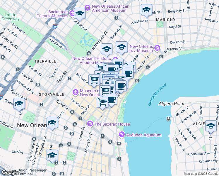 map of restaurants, bars, coffee shops, grocery stores, and more near in New Orleans