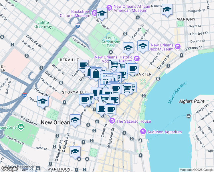 map of restaurants, bars, coffee shops, grocery stores, and more near 932 Conti Street in New Orleans