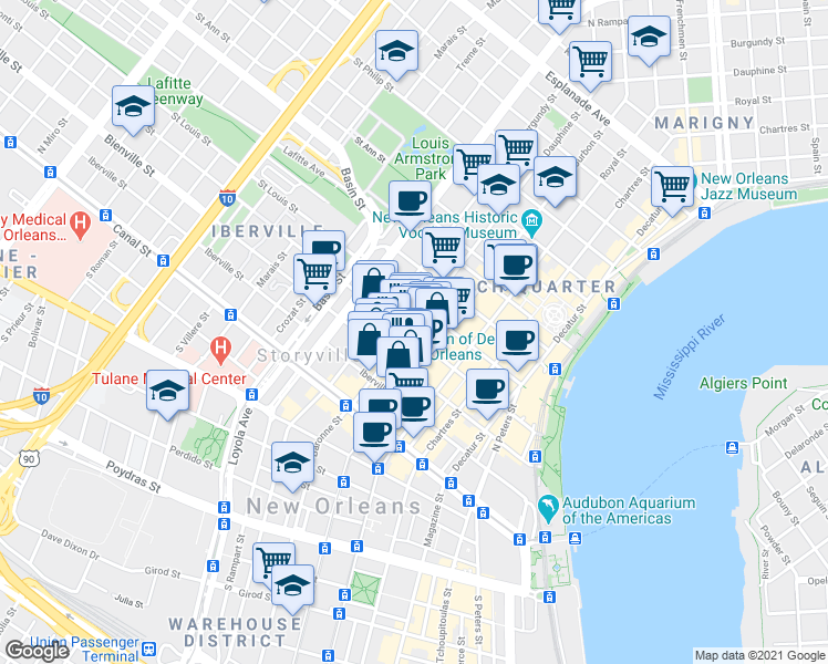 map of restaurants, bars, coffee shops, grocery stores, and more near 932 Conti Street in New Orleans