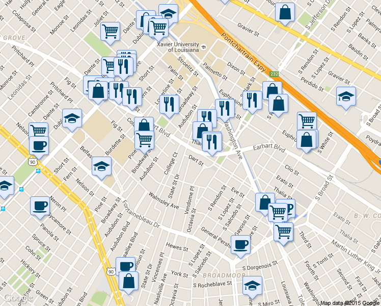 map of restaurants, bars, coffee shops, grocery stores, and more near in New Orleans
