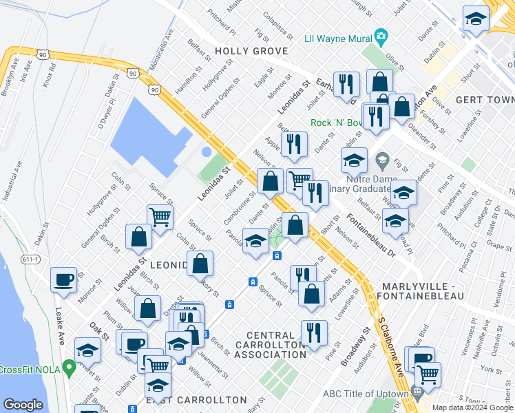 map of restaurants, bars, coffee shops, grocery stores, and more near 8219 Neron Place in New Orleans