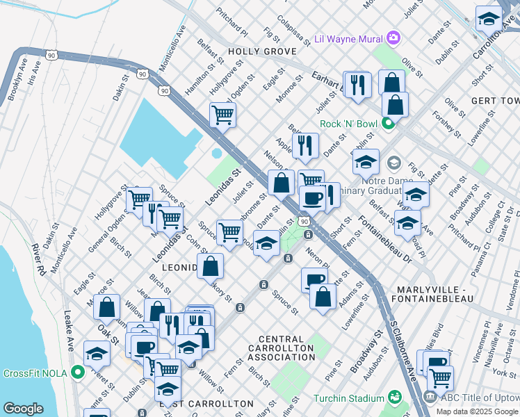 map of restaurants, bars, coffee shops, grocery stores, and more near 8329 Sycamore Street in New Orleans