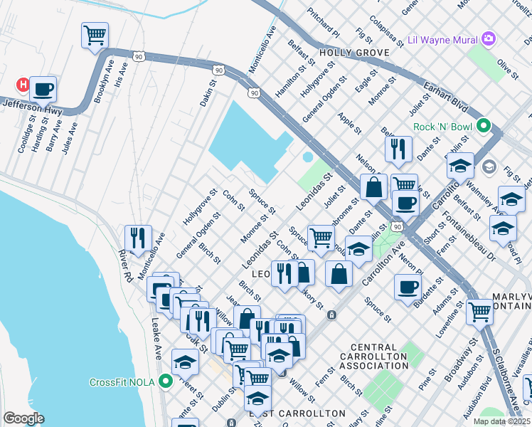 map of restaurants, bars, coffee shops, grocery stores, and more near 1919 Monroe Street in New Orleans