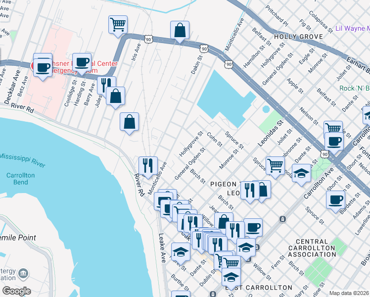 map of restaurants, bars, coffee shops, grocery stores, and more near 1627 Hollygrove Street in New Orleans