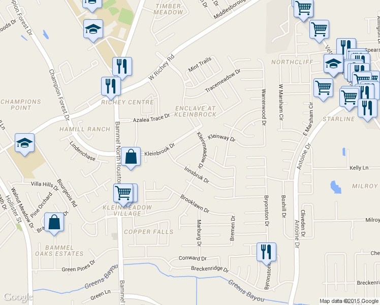 map of restaurants, bars, coffee shops, grocery stores, and more near 5043 Kleinway Drive in Houston