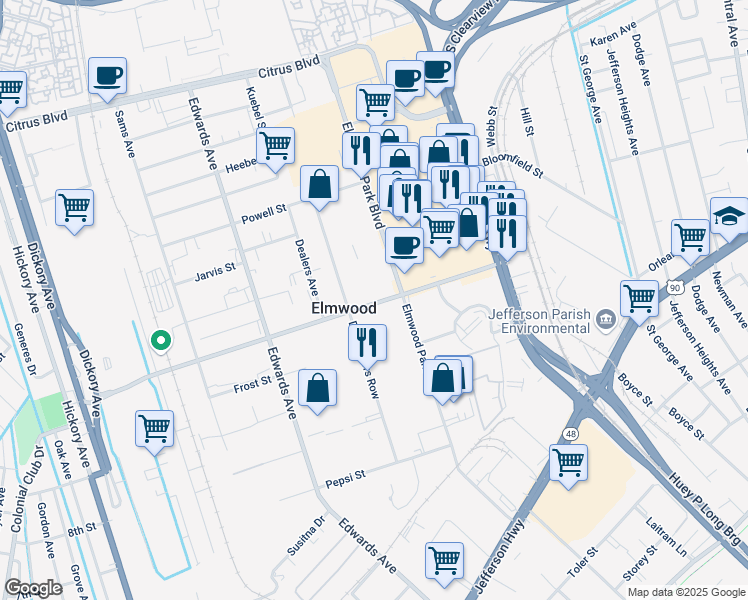 map of restaurants, bars, coffee shops, grocery stores, and more near 5480 Mounes St in New Orleans