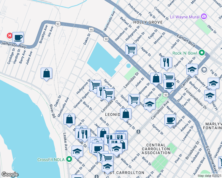 map of restaurants, bars, coffee shops, grocery stores, and more near 1919 Monroe Street in New Orleans