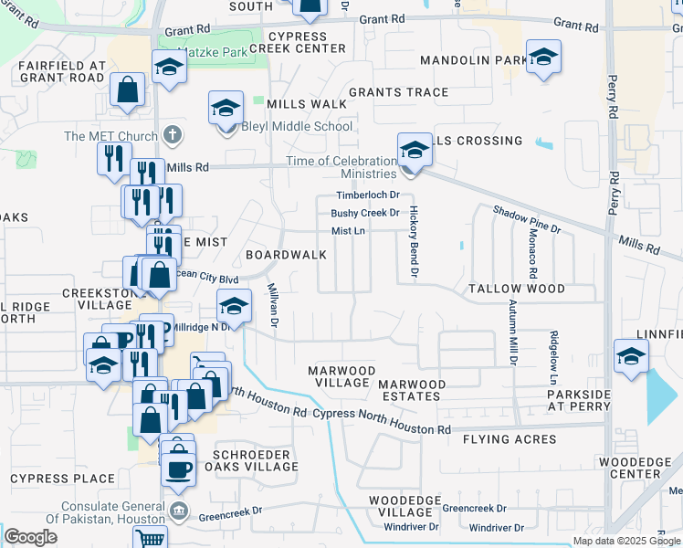 map of restaurants, bars, coffee shops, grocery stores, and more near 12607 Duchess Lane in Houston