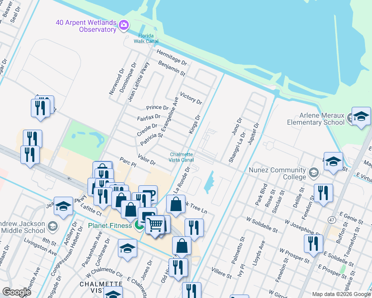 map of restaurants, bars, coffee shops, grocery stores, and more near 8900 Patricia Street in Chalmette