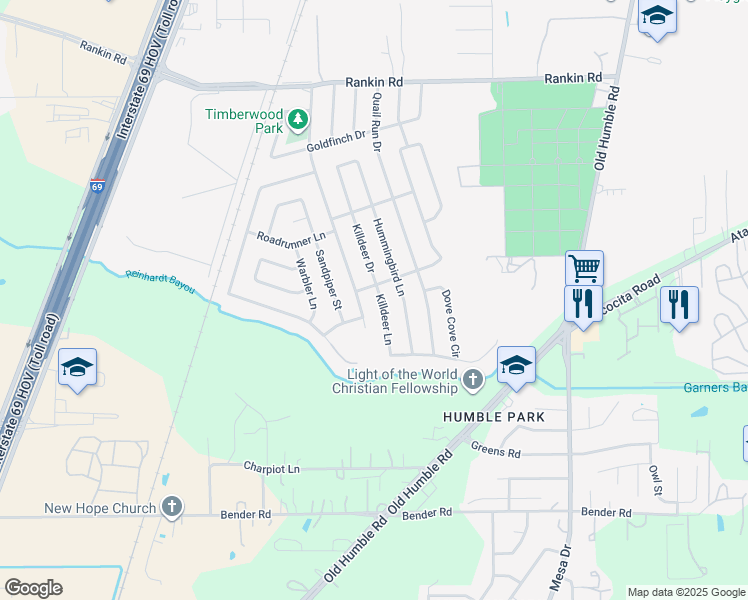 map of restaurants, bars, coffee shops, grocery stores, and more near 3110 Killdeer Lane in Humble