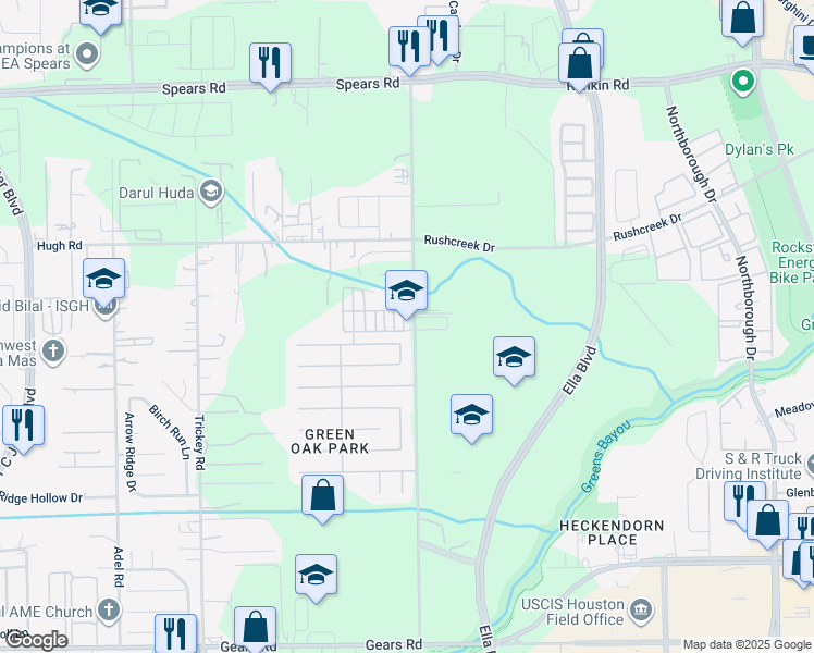 map of restaurants, bars, coffee shops, grocery stores, and more near 11847 Spears-Gears Road in Houston