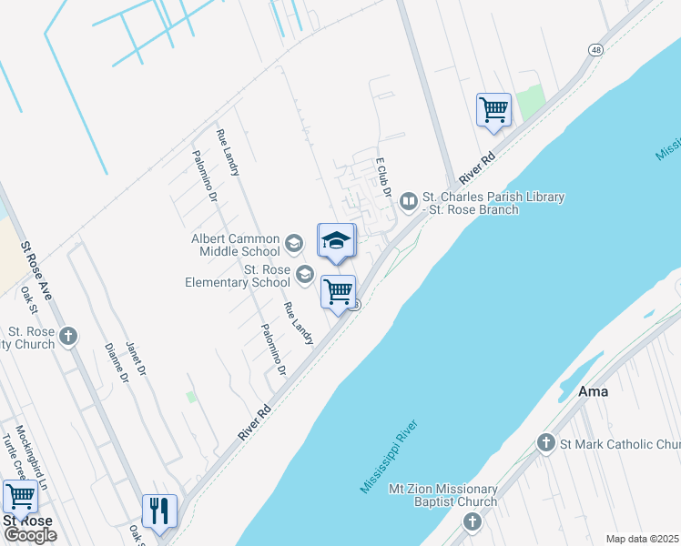 map of restaurants, bars, coffee shops, grocery stores, and more near Pirate Drive in Saint Rose