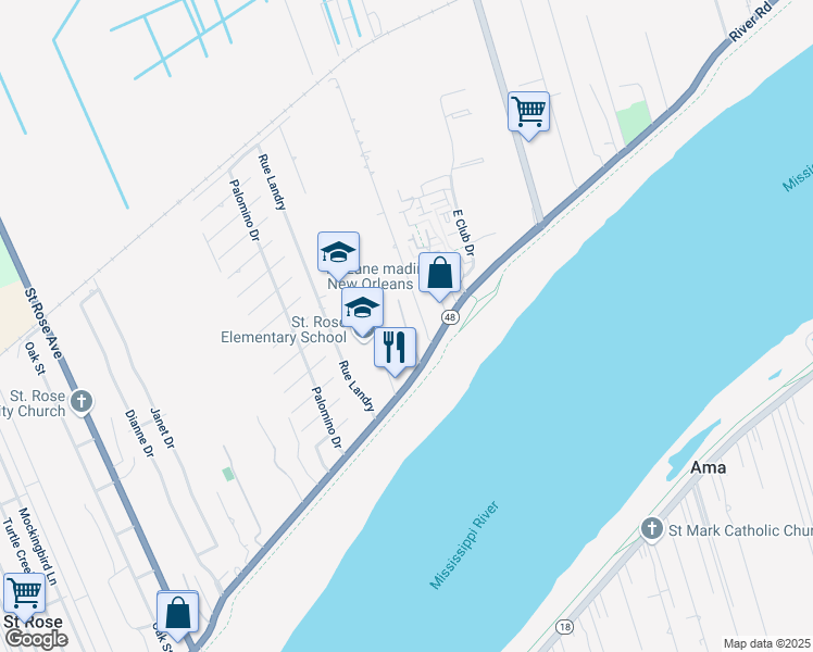 map of restaurants, bars, coffee shops, grocery stores, and more near Pirate Drive in Saint Rose