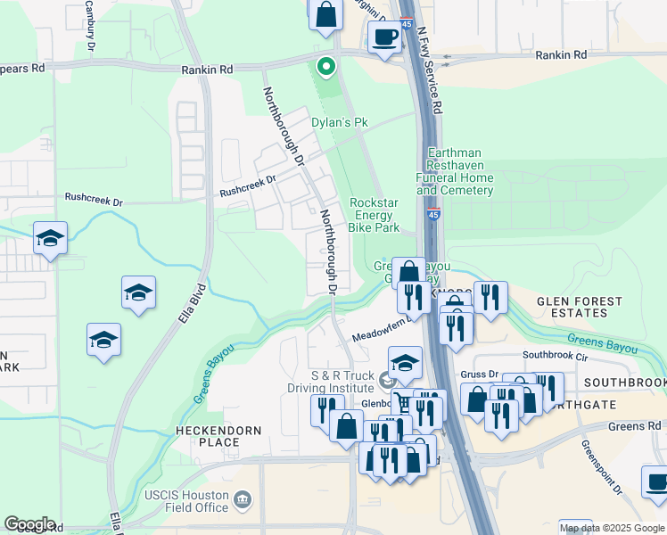 map of restaurants, bars, coffee shops, grocery stores, and more near 13009 Northborough Drive in Houston