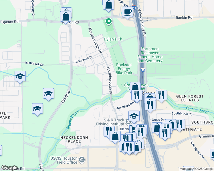 map of restaurants, bars, coffee shops, grocery stores, and more near 13011 Northborough Drive in Houston