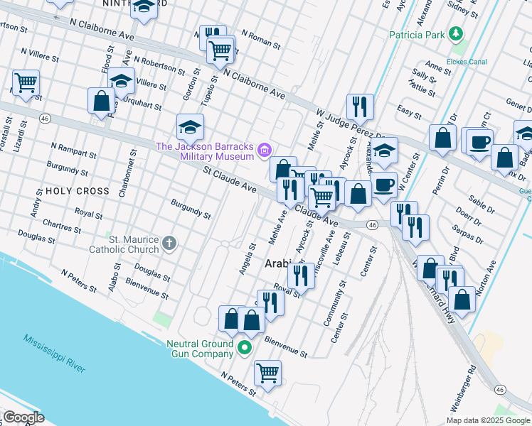 map of restaurants, bars, coffee shops, grocery stores, and more near 931 Angela Street in Arabi