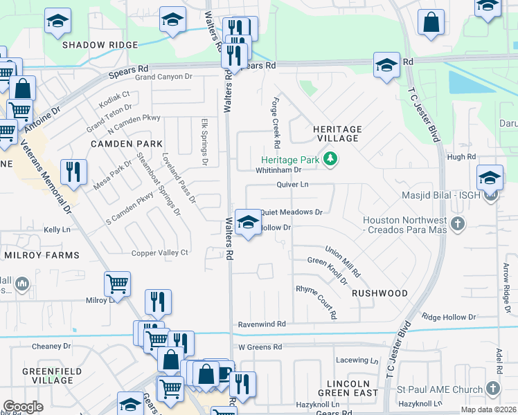 map of restaurants, bars, coffee shops, grocery stores, and more near 2803 Quiet Meadows Drive in Houston
