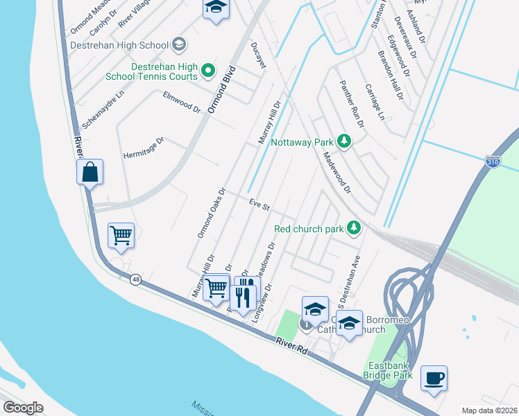 map of restaurants, bars, coffee shops, grocery stores, and more near 349 River Oaks Drive in Destrehan