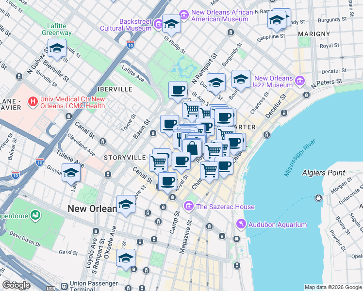 map of restaurants, bars, coffee shops, grocery stores, and more near in New Orleans