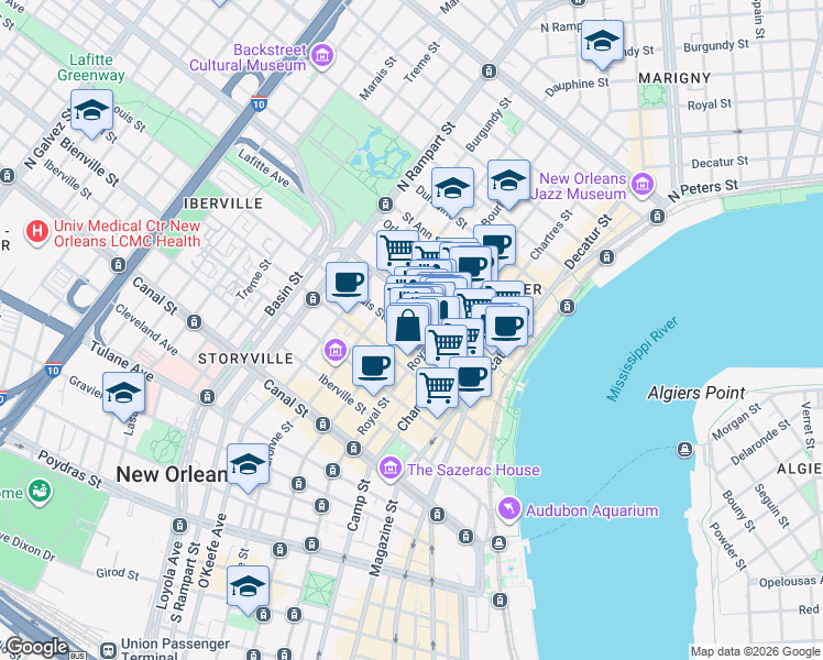map of restaurants, bars, coffee shops, grocery stores, and more near 500 Royal Street in New Orleans