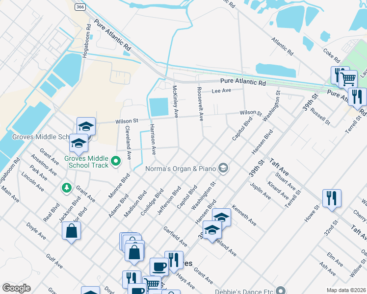 map of restaurants, bars, coffee shops, grocery stores, and more near 4501 McKinley Avenue in Groves