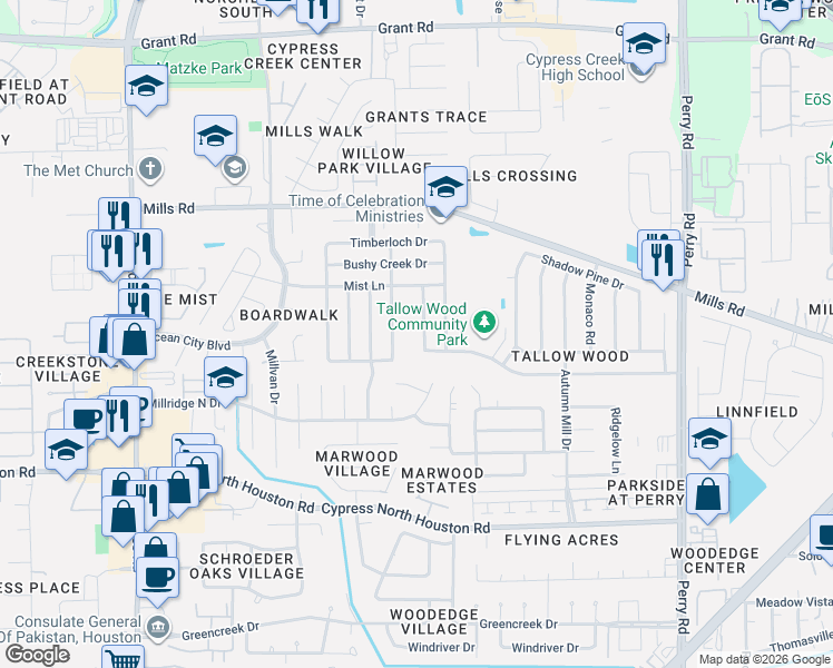 map of restaurants, bars, coffee shops, grocery stores, and more near 12607 Day Hollow Lane in Houston