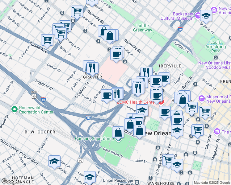 map of restaurants, bars, coffee shops, grocery stores, and more near 1802 Tulane Avenue in New Orleans