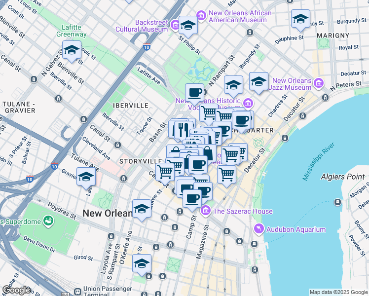 map of restaurants, bars, coffee shops, grocery stores, and more near 932 Conti Street in New Orleans