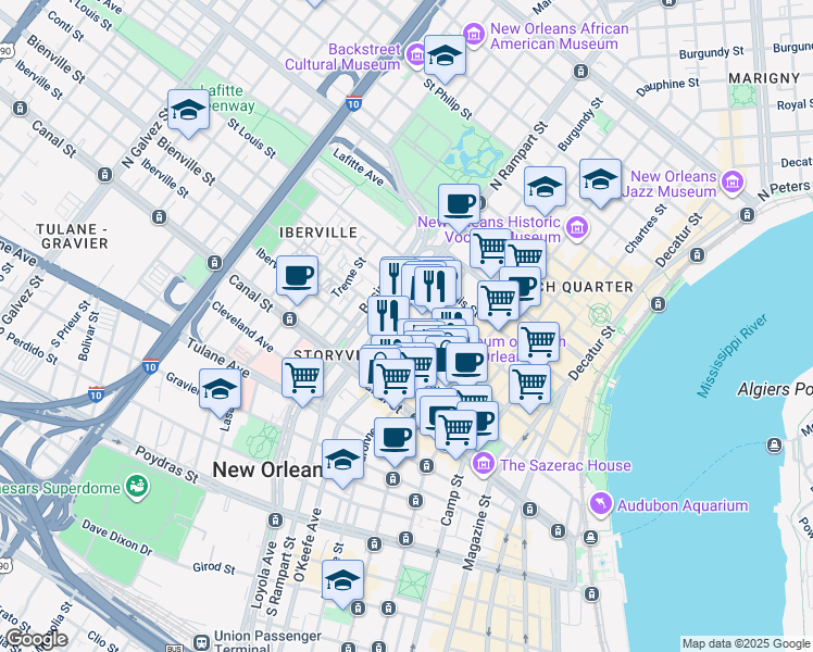 map of restaurants, bars, coffee shops, grocery stores, and more near 231 Burgundy Street in New Orleans