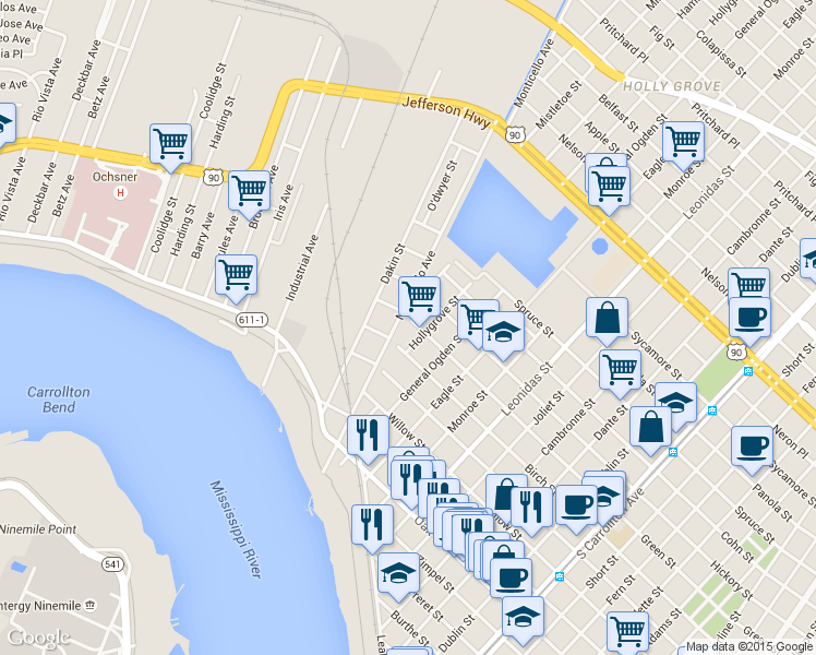 map of restaurants, bars, coffee shops, grocery stores, and more near 1627 Hollygrove Street in New Orleans