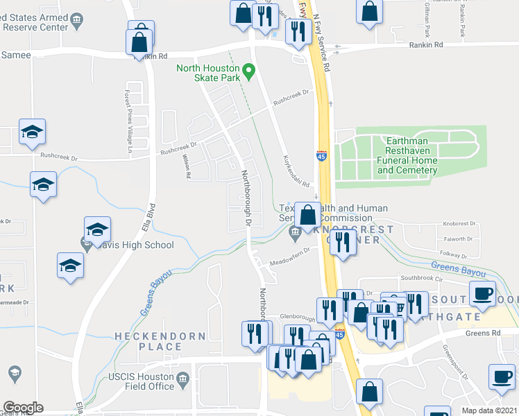 map of restaurants, bars, coffee shops, grocery stores, and more near 13009-13029 Northborough Drive in Houston