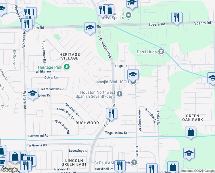 map of restaurants, bars, coffee shops, grocery stores, and more near 11830 Morning Dew Lane in Houston