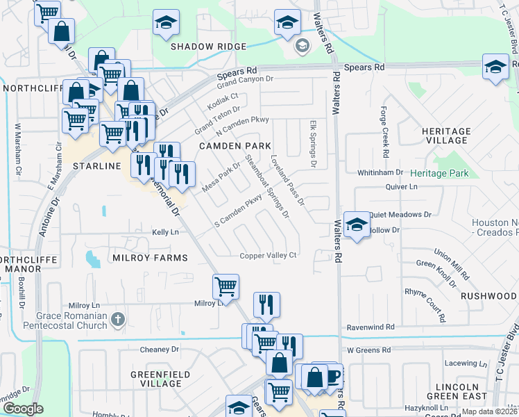map of restaurants, bars, coffee shops, grocery stores, and more near 11815 Sawmill Stream Circle in Houston