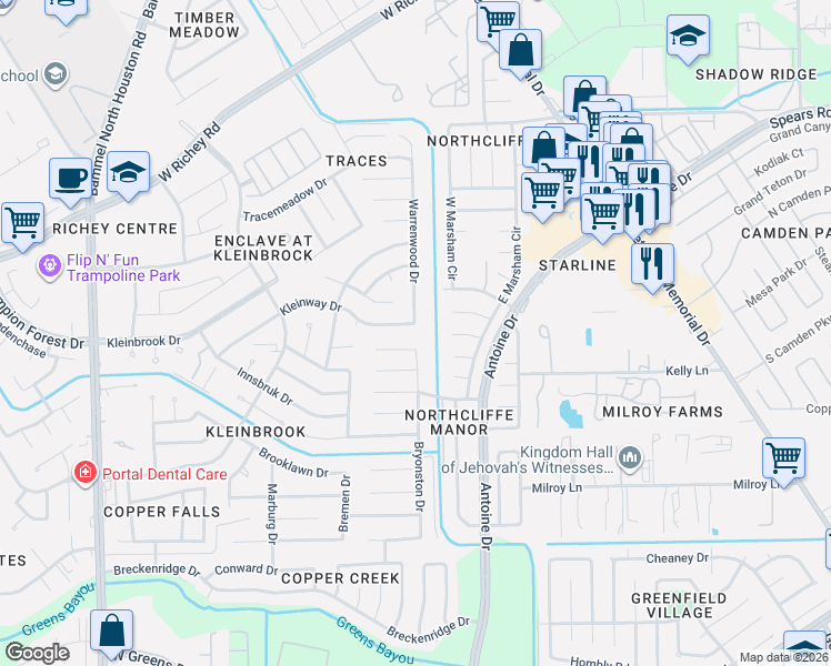 map of restaurants, bars, coffee shops, grocery stores, and more near 11942 Bryonston Drive in Houston