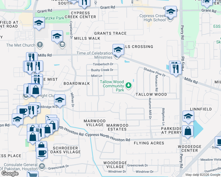 map of restaurants, bars, coffee shops, grocery stores, and more near 12607 Day Hollow Lane in Houston