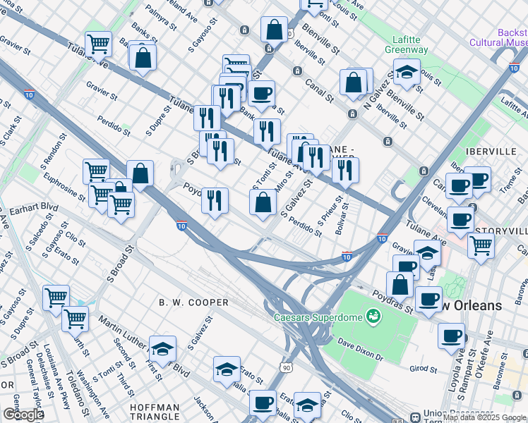 map of restaurants, bars, coffee shops, grocery stores, and more near 601 South Galvez Street in New Orleans