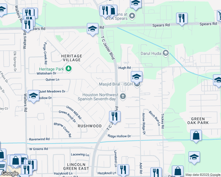 map of restaurants, bars, coffee shops, grocery stores, and more near 11830 Morning Dew Lane in Houston