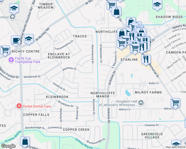 map of restaurants, bars, coffee shops, grocery stores, and more near 11942 Bryonston Drive in Houston