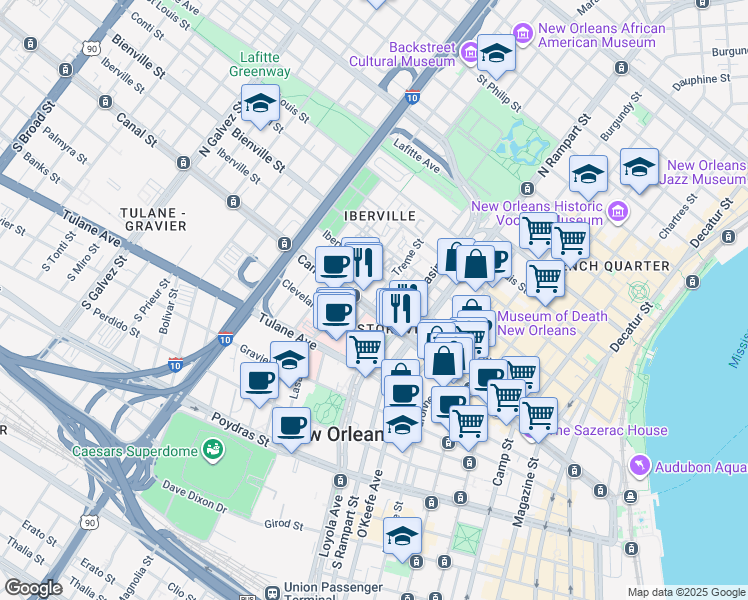 map of restaurants, bars, coffee shops, grocery stores, and more near 215 Treme Street in New Orleans
