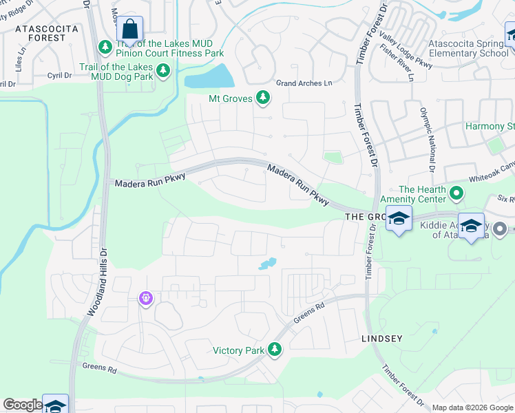 map of restaurants, bars, coffee shops, grocery stores, and more near 12030 Carillon Forest Drive in Humble