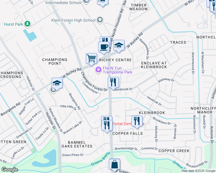 map of restaurants, bars, coffee shops, grocery stores, and more near 12311 Bammel North Houston Road in Houston