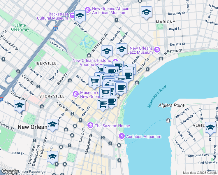 map of restaurants, bars, coffee shops, grocery stores, and more near in New Orleans